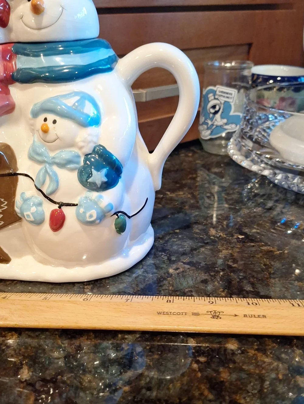 Vtg Houston Harvest Festive Snowman Ceramic Teapot - Pink & Blue